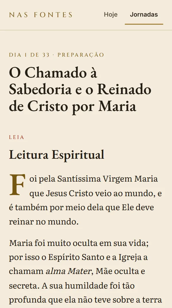 Tela do Dia 1 da Consagração no celular: título do dia e o começo da leitura do Tratado de São Luís de Montfort