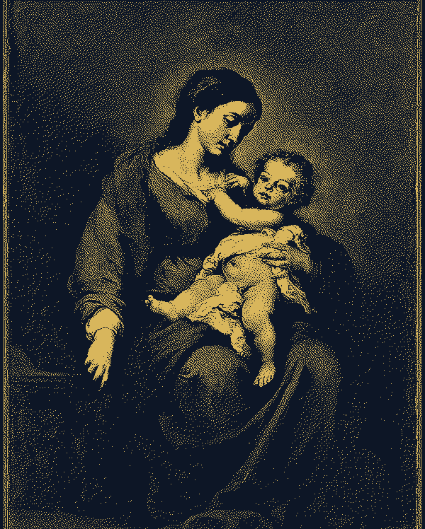 A Virgem com o Menino, de Murillo, em pontilhado azul e ouro