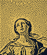 Rosto de Nossa Senhora olhando para o alto, da Imaculada Conceição de Guido Reni, em pontilhado azul e ouro